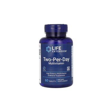 Life Extension's Two-Per-Day Multivitamin (60 tablets) is a high-potency, non-GMO supplement for immune support in a blue bottle.